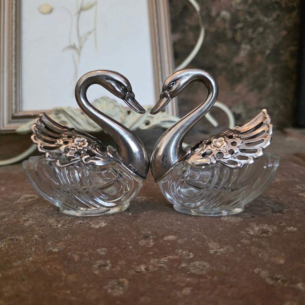 Vintage Italian Swan Salt Cellars Glass Plated Silver Hinged Wings Pair  trinket